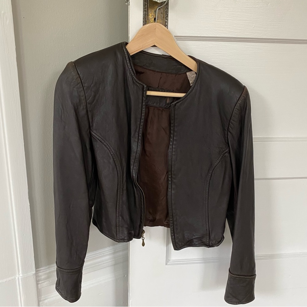 Chocolate Brown Leather Cropped Vintage Moto Jacket